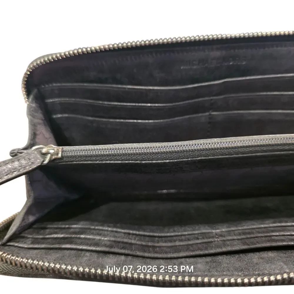 Michael Kors Gray MK Logo Zip Around Wallet Continental Checkbook Clutch...